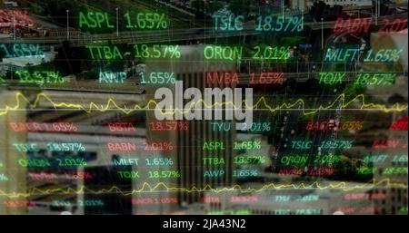 Image of financial graphs and data over cityscape Stock Photo