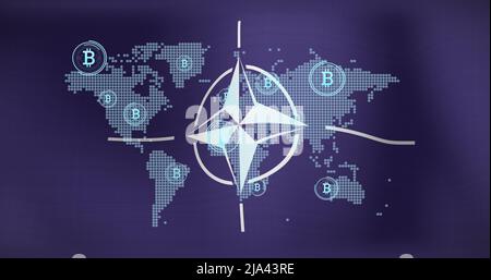 Image of bitcoin symbol and world map over flag of nato Stock Photo