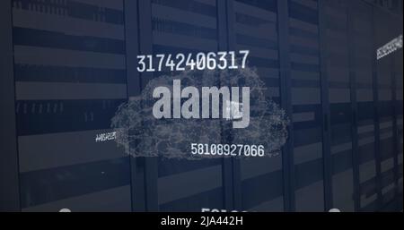 Image of data processing and cloud over server room Stock Photo