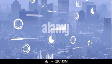 Image of data processing over cityscape Stock Photo