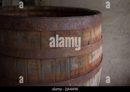 part of old wooden barrel for wine. Close up view Stock Photo