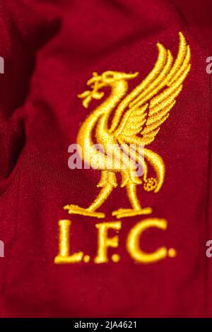 Shield on the shirt of Liverpool Football Club. Uefa champions league final concept on May 28, 2022, champion, europe, premiere league, reds. Stock Photo