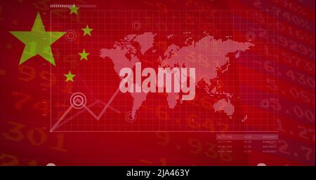 Image of financial data and graphs over world map and flag of china Stock Photo