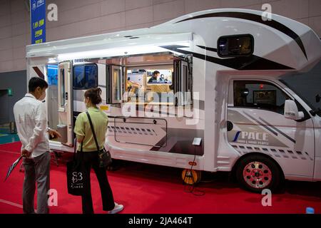 Seoul, South Korea. 27th May, 2022. A caravan is displayed at the 2022 Camping Show at Seoul Trade Exhibition and Convention Center in Seoul, South Korea, May 27, 2022. The exhibition kicked off on Thursday will last till May 29. Credit: Wang Yiliang/Xinhua/Alamy Live News Stock Photo
