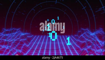 Image of binary coding and digital mountains over circles Stock Photo
