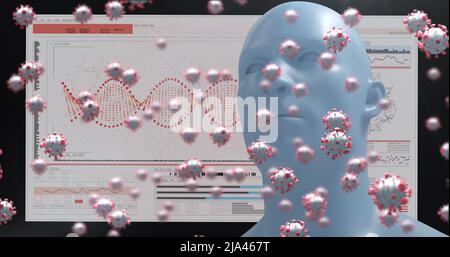 Image of virus cells and human head over medical data processing Stock Photo