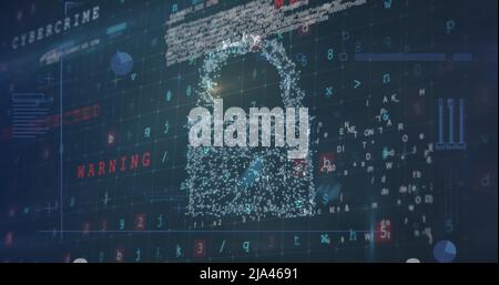 Image of security padlock over data processing on dark background Stock Photo