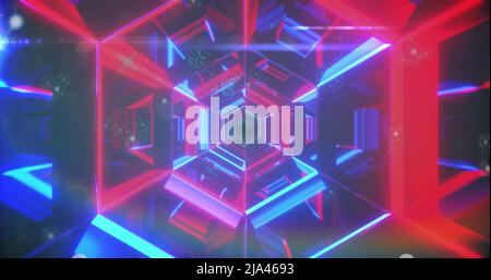 Image of neon hexagons made of lights moving on black, blue and red background Stock Photo