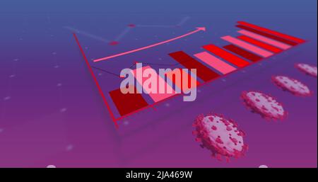 Image of financial data processing and virus cells over purple background Stock Photo