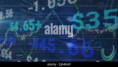 Image of stock market and financial data processing over light spots Stock Photo