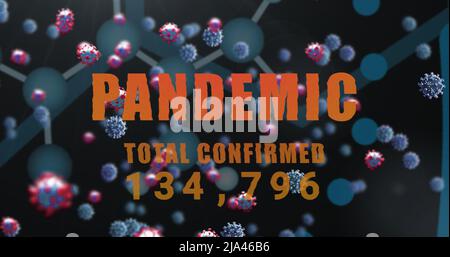Image of virus cells over dna strand and pandemic text Stock Photo