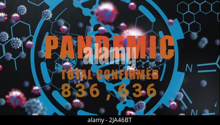 Image of virus cells over dna strand and pandemic text Stock Photo