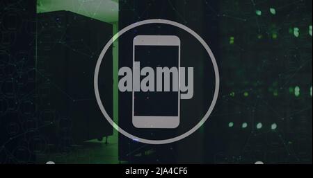 Image of smartphone icon and data processing over server room Stock Photo