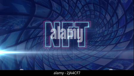 Image of data processing and nft text over light spots Stock Photo