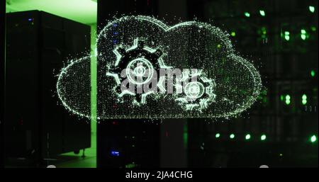 Image of cloud with cogs icons over server room Stock Photo