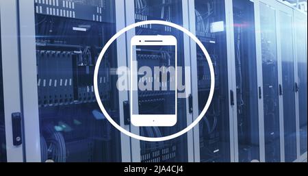 Image of smartphone icon and data processing over server room Stock Photo