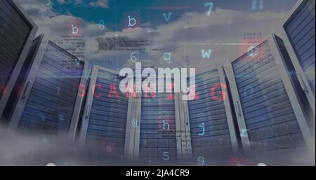 Image of cyber attack warning and data processing over server room Stock Photo