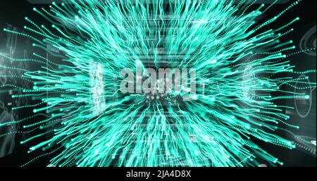 Image of dna strand spinning and scientific data processing with blue light trails Stock Photo