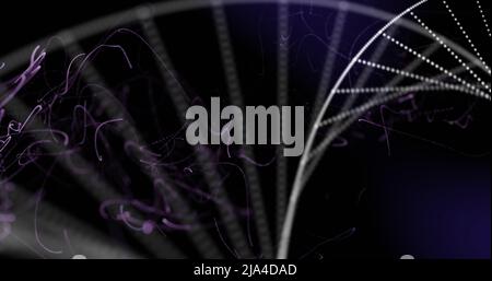 Image of dna strand spinning over purple glowing mesh Stock Photo