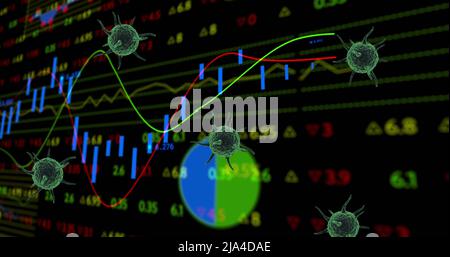 Image of virus cells floating over data processing Stock Photo