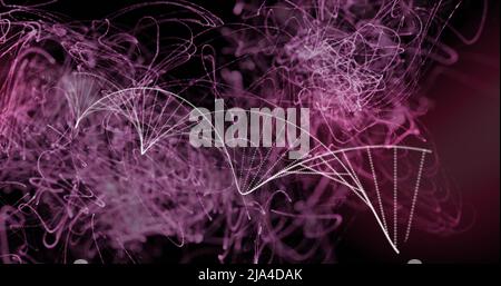 Digital image of dna structure and purple light trails against black background Stock Photo