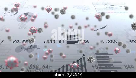 Image of virus cells floating over data processing Stock Photo