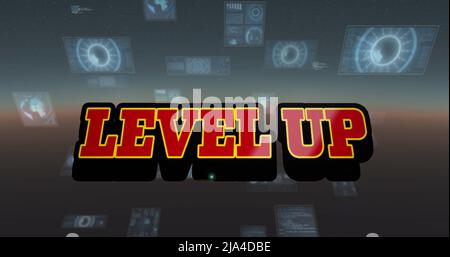 Image of level up text in red letters over screens with data processing Stock Photo