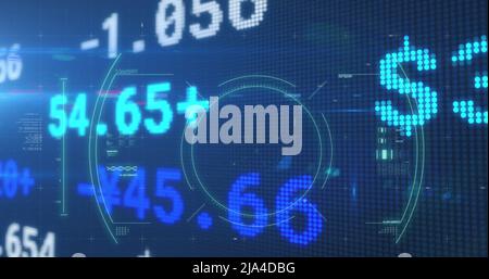 Stock market data processing and scope scanning over covid-19 cell on blue background Stock Photo