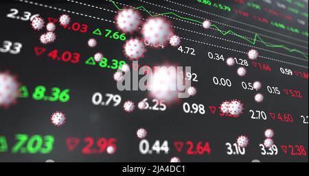 Image of virus cells floating over data processing Stock Photo