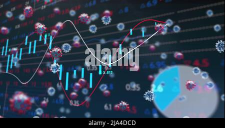Image of virus cells floating over data processing Stock Photo