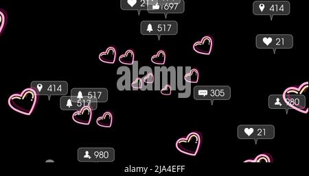 Image of hearts and social media reactions over black background Stock Photo
