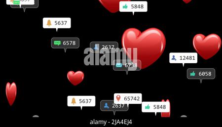 Image of hearts and social media reactions over black background Stock Photo