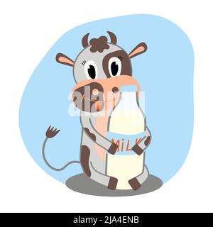 World Milk Day. June 1st. Cute cow with a bottle of milk. Logo, label, badge or design. Vector Stock Vector