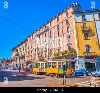 MILAN, ITALY - APRIL 5, 2022: The retro styled tram on Vialle Monte Grappa in Porta Nuova district, on April 5 in Milan, Italy Stock Photo