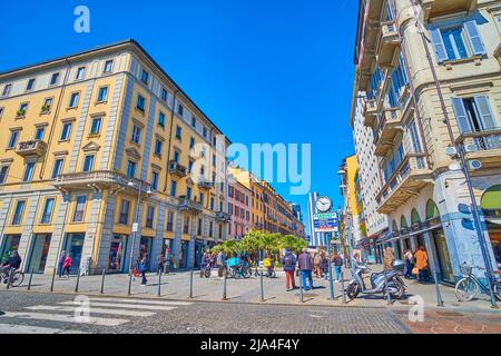 MILAN, ITALY - APRIL 5, 2022: The pedestrian Corso Como street with large amount of restaurants and stores, on April 5 in Milan, Italy Stock Photo