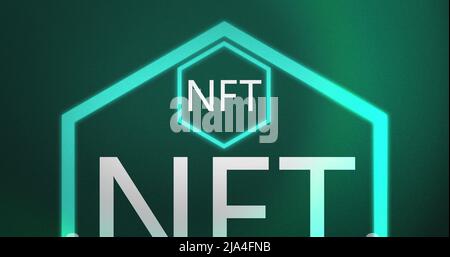 Image of interference over nft text in neon hexagon on blue background Stock Photo