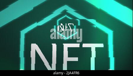 Image of interference over nft text in neon hexagon on blue background Stock Photo