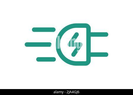 Fast electric charging plug with lightning icon. Quick electrical power charger symbol. Speed electricity charge linear sign. Express energy recharge green badge. Vector isolated eps illustration Stock Vector
