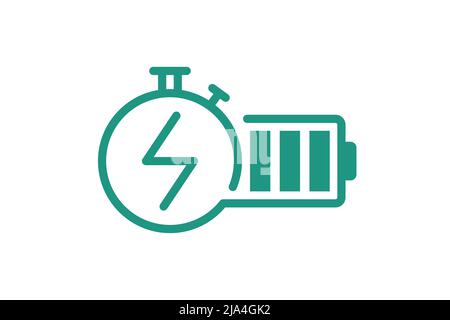 Fast electric charging battery icon. Quick electrical power accumulator charger symbol. Speed electricity charge linear sign. Express energy recharge green logo with lightning in stopwatch. Vector Stock Vector