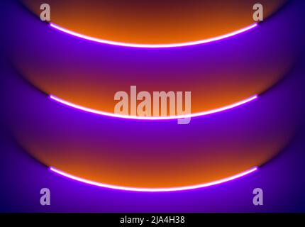 Neon illumination background in Halloween style. Abstract 80s or synthwave backdrop with orange and purple lamp on the wallpaper Stock Vector