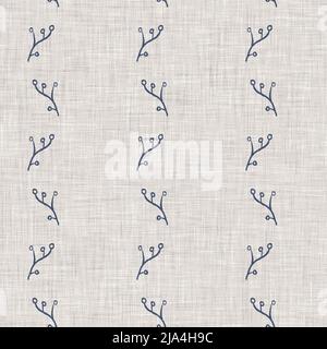 French blue botanical leaf linen seamless pattern with 2 tone country cottage style motif. Simple vintage rustic fabric textile effect. Primitive Stock Photo