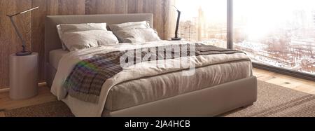 Modern interior design bedroom in scandinavian style. Apartment with large window and view winter. 3d rendering illustration. Stock Photo