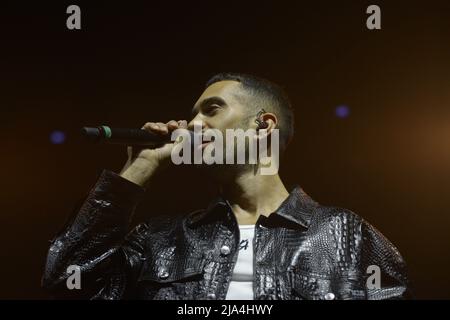 Padua, Italy, 25/05/2022, Alessandro Mahmoud, known professionally as Mahmood, is an Italian singer-songwriter. He rose to prominence after competing on the sixth season of the Italian version of The X Factor. He has won the Sanremo Music Festival twice, in 2019 with the song 'Soldi' and in 2022 alongside Blanco with the song 'Brividi'. His Sanremo victories allowed him to represent Italy at the Eurovision Song Contest in those respective years, finishing in second place in 2019 and in sixth place in 2022 as the host entrant.[1][2][3] Mahmood has released two studio albums, Gioventù bruciata a Stock Photo