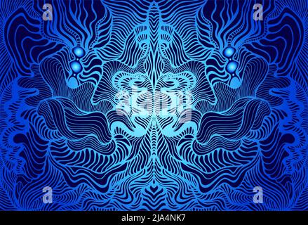 Bright psychedelic trippy fractal mandala, blue cyan gradient color, isolated dark blue background. Bohemian decorative texture for design. Stock Vector