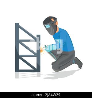 The man working the welder is sitting. Welds metal structures. Stock Vector