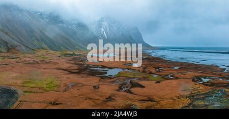 Aerial view of a viking village on a stormy rainy day in Iceland. Stock Photo