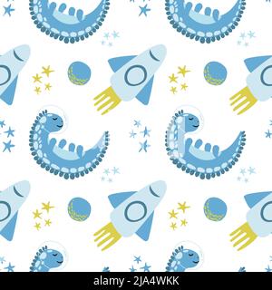 Seamless pattern of cute dinosaur astronauts. Vector in cartoon style. Astronaut dinosaur with rocket and stars around on white background Stock Vector