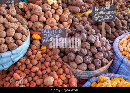 Different types of potatoes at the local market in Arequipa city, Peru, South America. Stock Photo