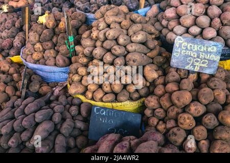 Different types of potatoes at the local market in Arequipa city, Peru, South America. Stock Photo