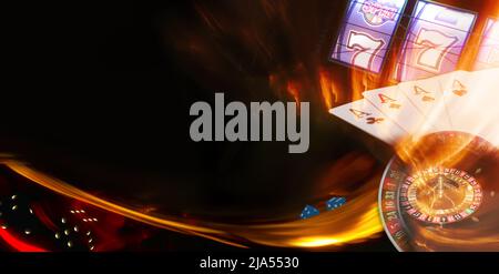Creative background with free text field. Online casino with playing cards, roulette, dice and slot mashine. Internet gambling concept. Stock Photo